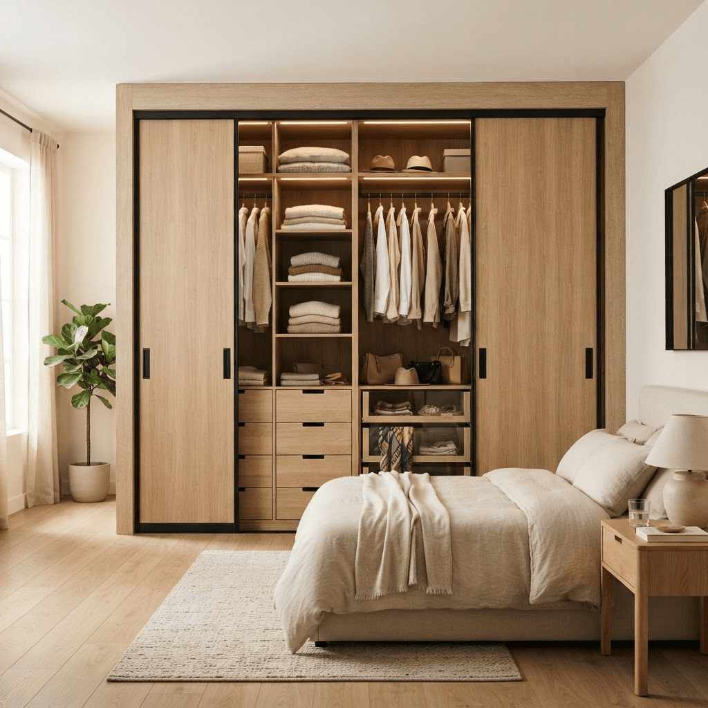Placard con puertas corredizas en madera clara