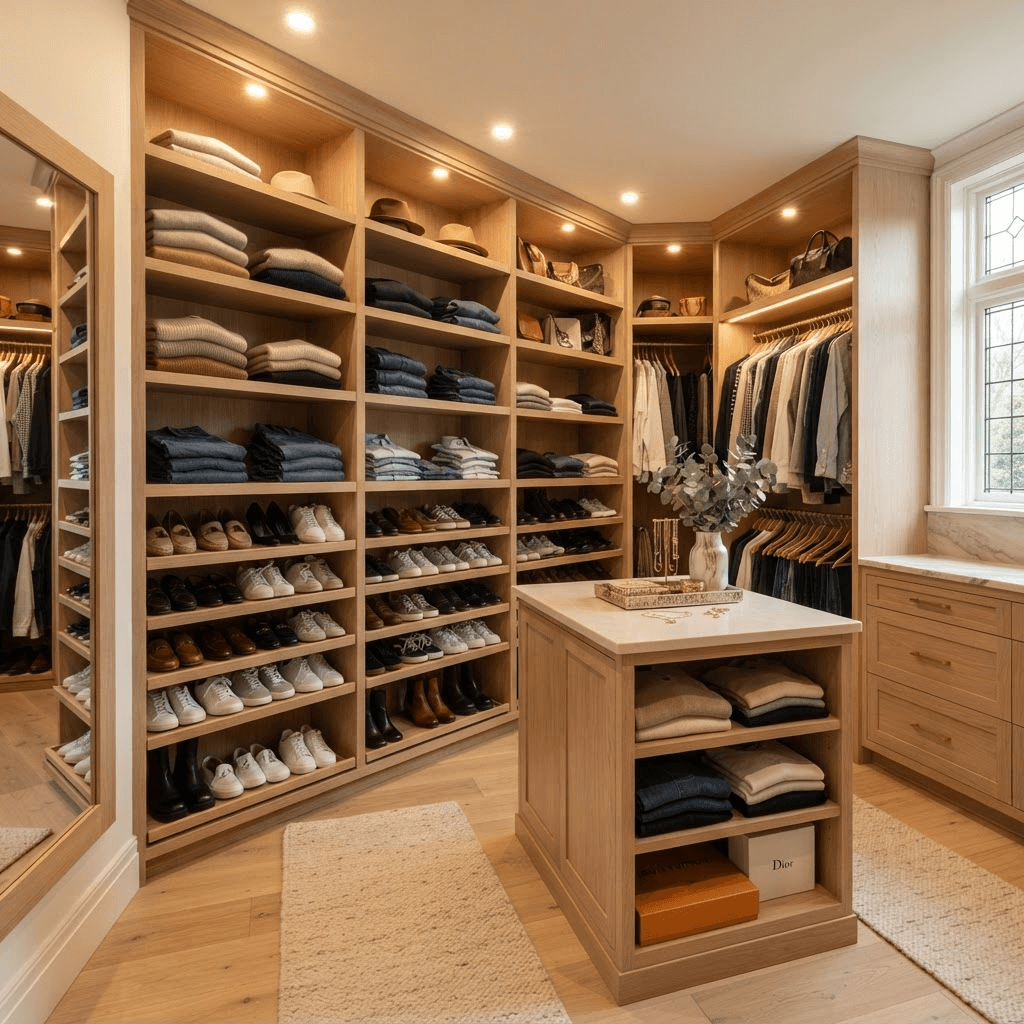 Vestidor con estantería abierta de madera clara