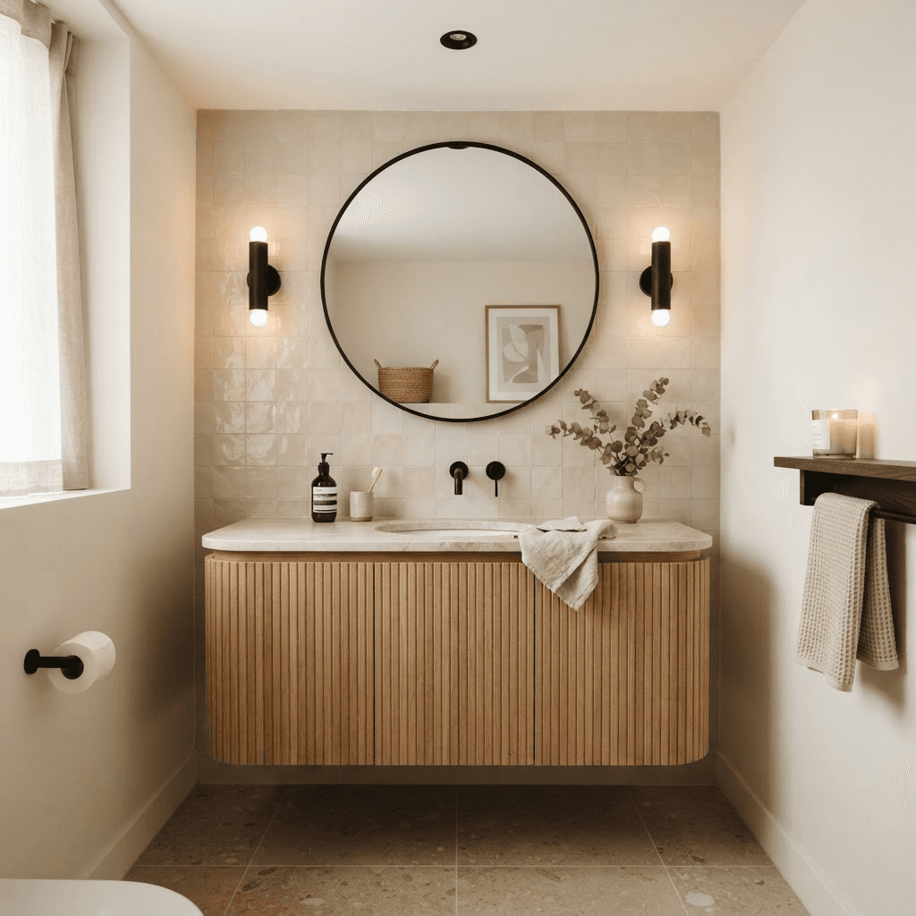 Toilette con vanitory de madera y grifería negra