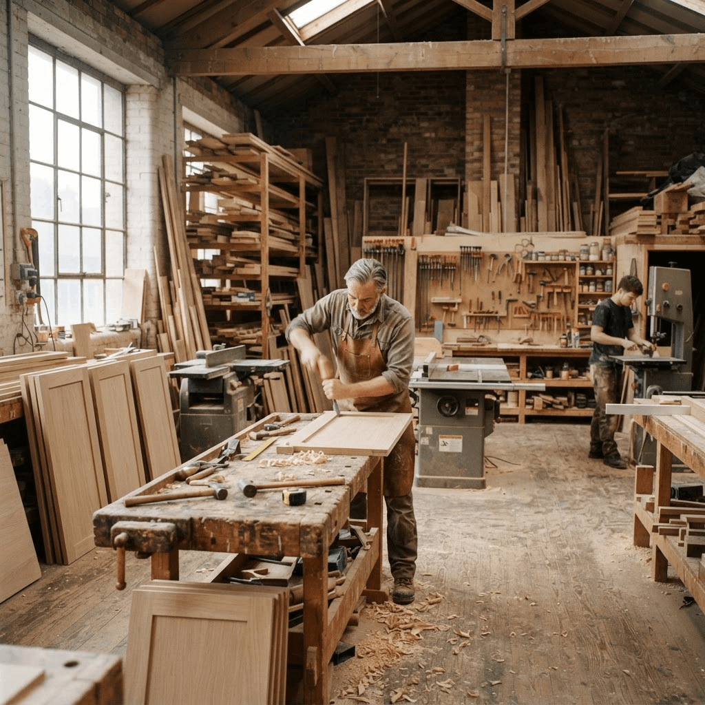 Fábrica de Futura Muebles en Banfield, con carpintero trabajando la madera